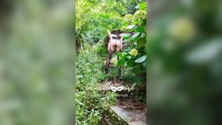 Il padrone porta Vanille al guinzaglio a fare squat nel bosco